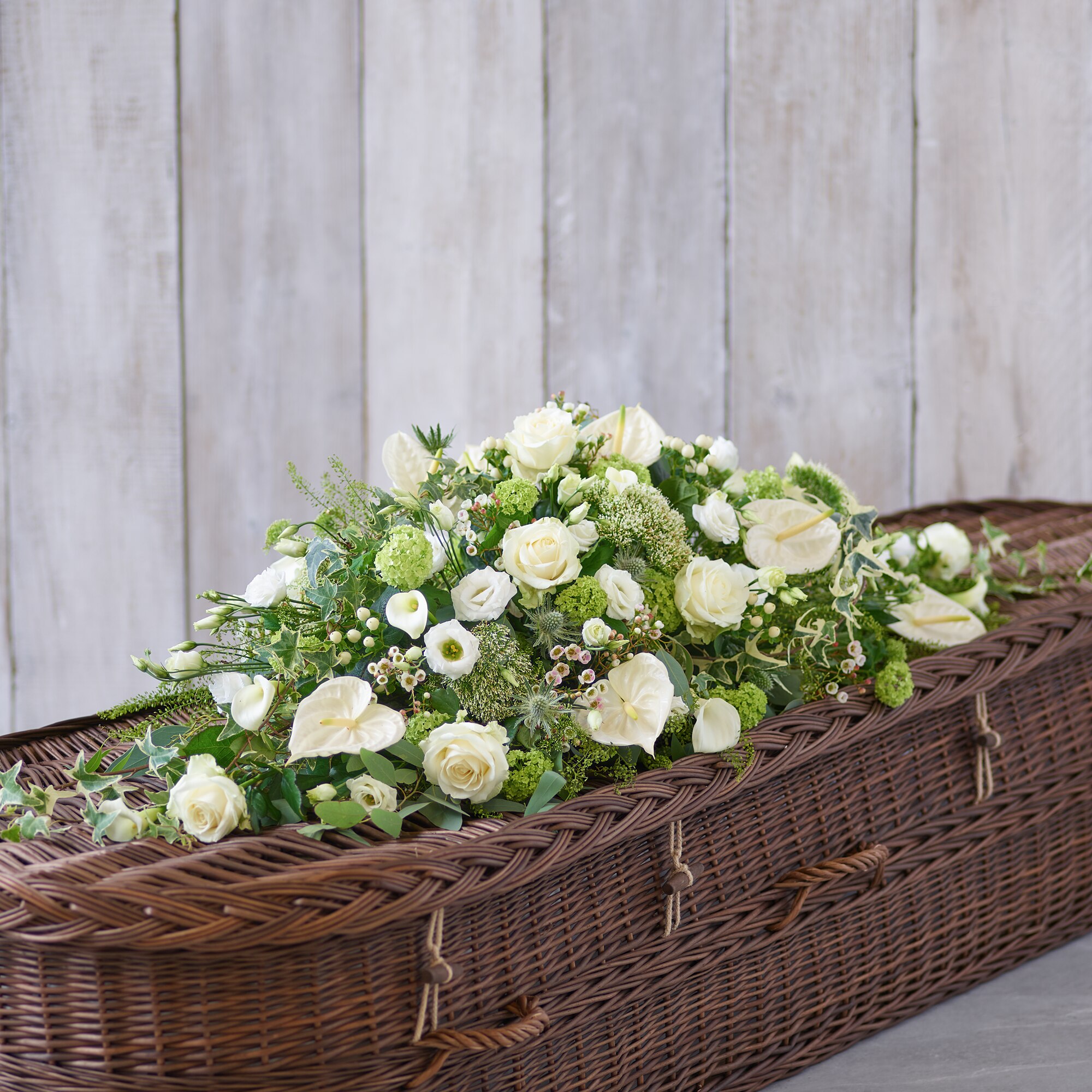 L White and Green Casket Spray size,  inches height and  inches wide.